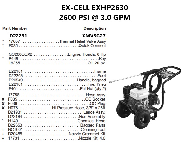 EX-CELL model EXHP2630 power washer parts